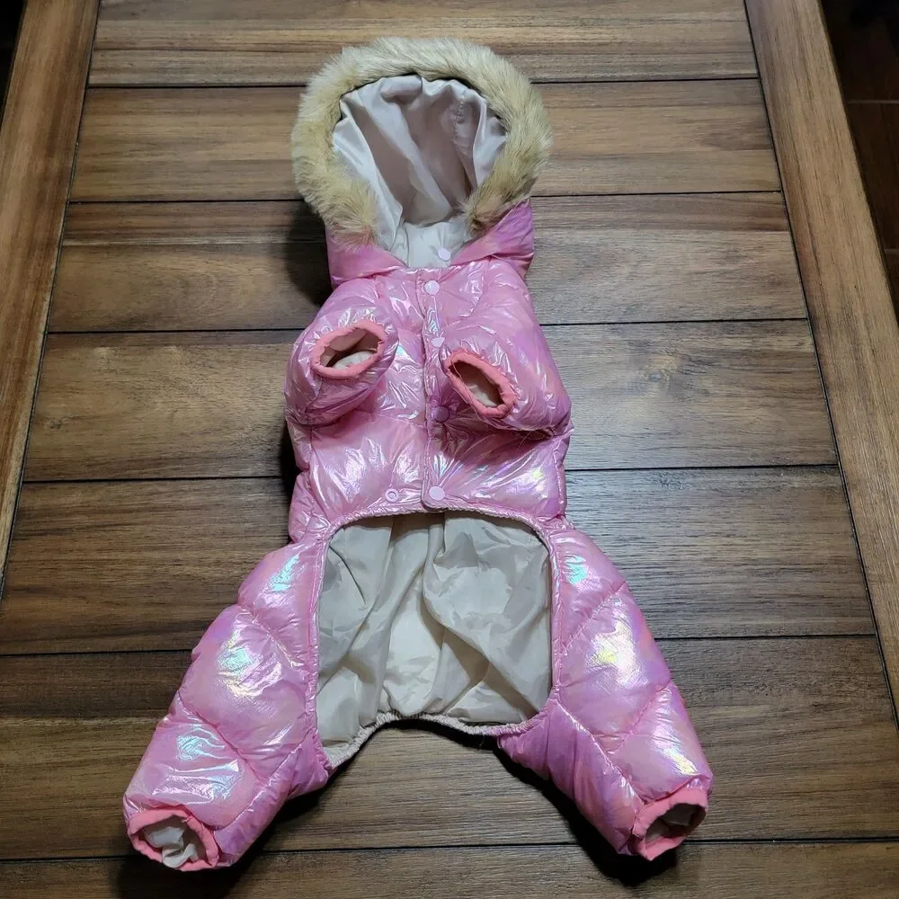 Dog Puffer Jacket w/ Faux Fur Hood Pink Shimmer